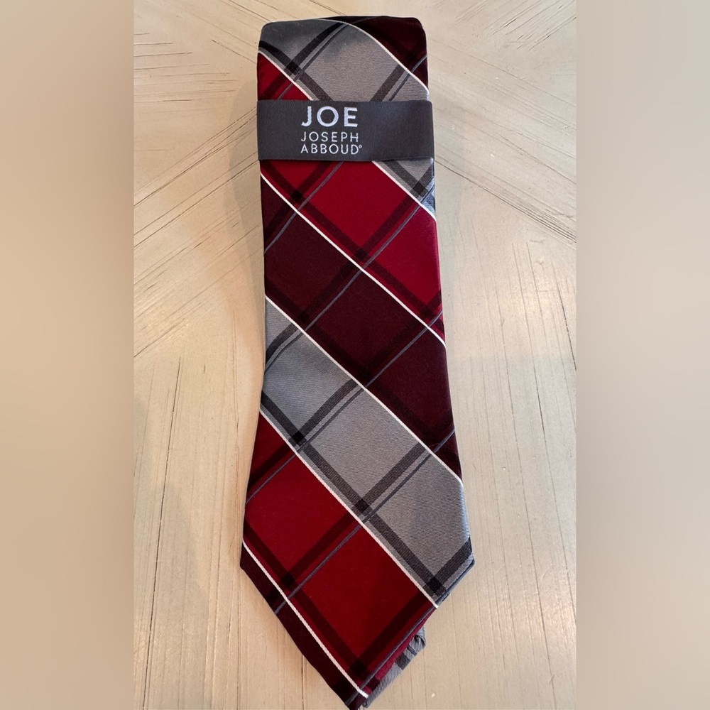 Joe Joseph Abboud Plaid 100% Silk Tie – Burgundy, Silver & Black - New with Tags